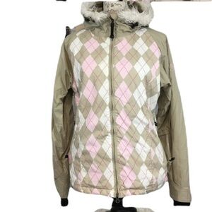 Roxy 5000 Snowboard Ski Argyle Hooded Jacket Checkered Plaid Pink Cream Tan M